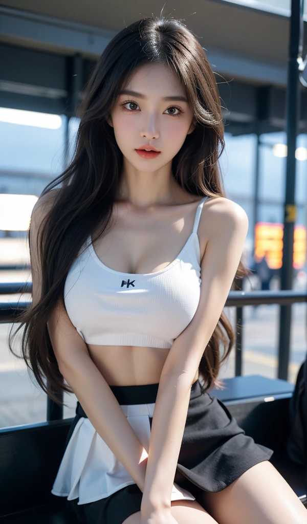 (realisticlying, high resolucion;:1.3), 1 girl with a perfect body, super fine face and eyes,Long Whitr hair, Tank tops in random colors:1.2, mini-skirt, high-heel, tits huge,Cleavage exposure,(Eurasian jay:1.5)Masterpiece, best qualtiy, Raw-Photo, realisticlying, face, Unbelievably ridiculous resolution, depth of fields, high resolucion;, ultra - detailed, finedetail, very very detailed, extremely detailed eyes and face, sharp pupils, Realistic student, Clear Focus Lock, cinematic lightings, Whole body, Pretty legs, In the subway, Division between the legs