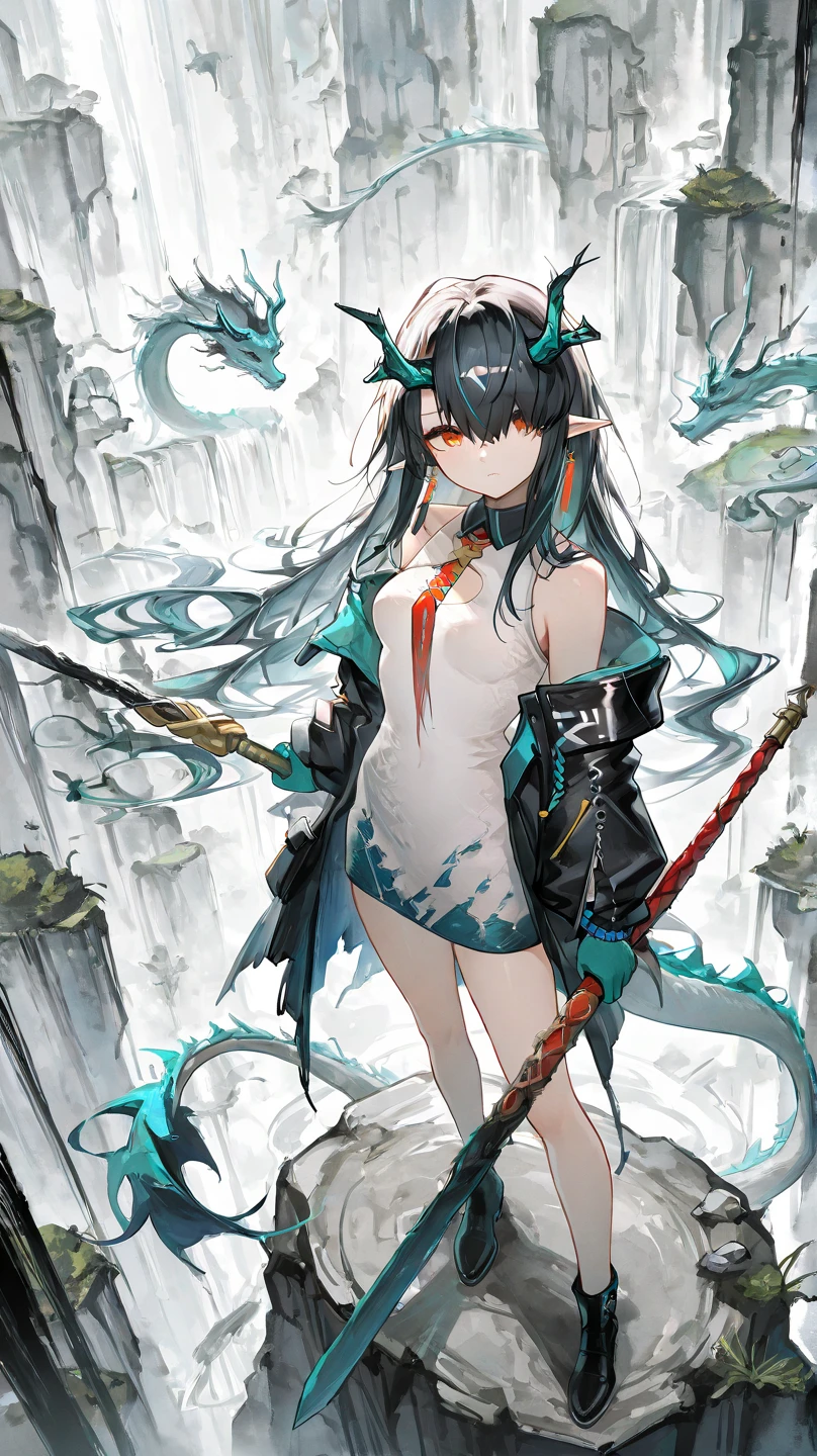 beautiful girl1人,(beautiful girl : 1.3),masterpiece,top quality,High Quality Images,8k,Textures,
1 girl,dusk(Arknights),smaller , oriental dragon,during an escape、,a group of giant creatures,hand-painted dream world,watercolor stain,ink painting touch background,Thick outline,Ant High King's staff,valley,waterfall,left-handed sword,angle seen from above,Standing on a rock surface