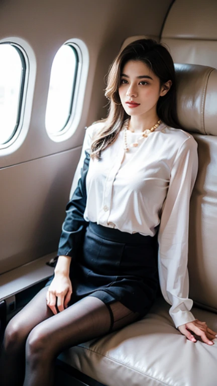  highest quality, Realistic, Very detailed, finely, High resolution, 8k wallpaper, Beautiful woman,, Light brown ponytail hair, stewardess, Perfect dynamic composition, finelyて美しい目,  Realistic , smile,  Model Body Type、Earrings,garnet necklace,(Wearing a watch 1),Beautiful legs,Sitting in an airplane seat、talk、Chatting,Full Body Shot:1.3,Smile and laugh,