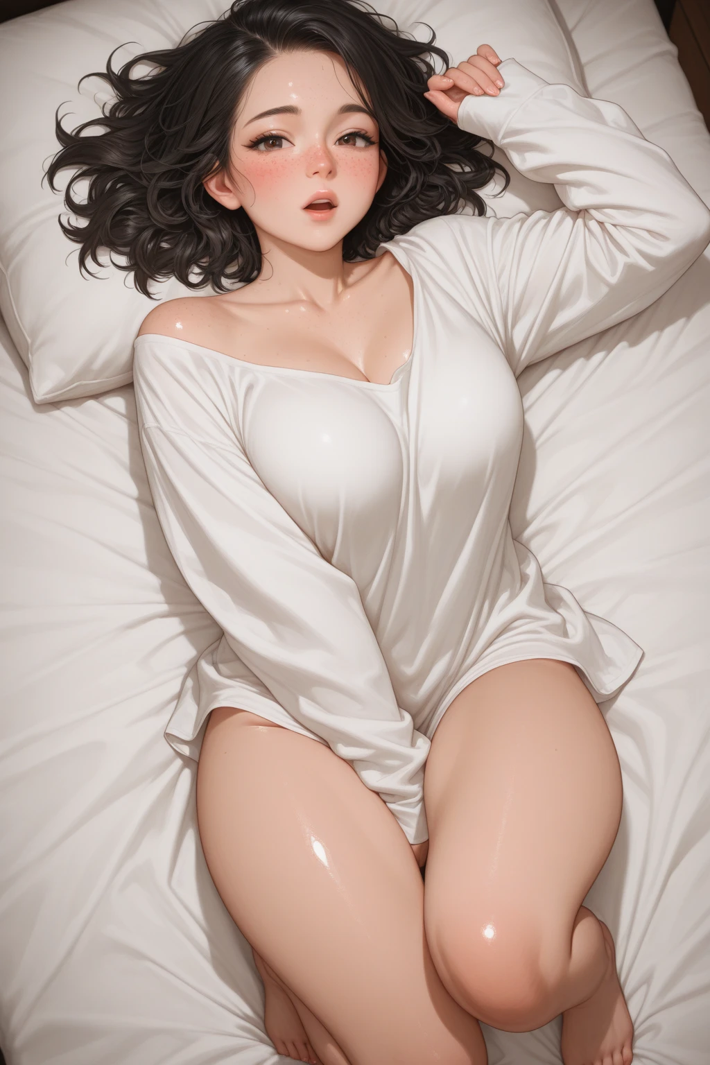 masterpiece, best quality, ((Best Quality)), ((Masterpiece)), (detailed), perfect faces, black hair, black eyes, large breast, sexy, nude, naked, nipple, cum in pussy, breast milk,bed
