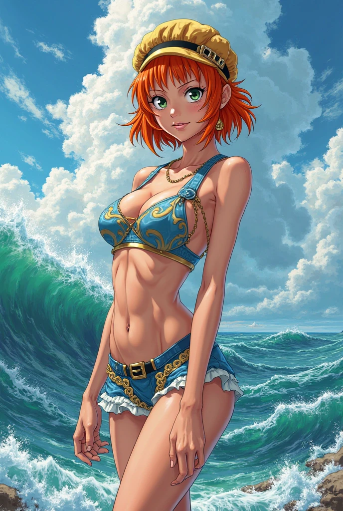 A woman sitting in a bikini with chains around her. one piece us from one piece enchanting anime girls anime characters one piece nami full body art monokini beautiful and detailed anime art one piece one piece nami one piece from nami tattoos on her body chained and locked in a hut chained hands us from nami inside the hut japanese anime characters with tattoos one piece nami