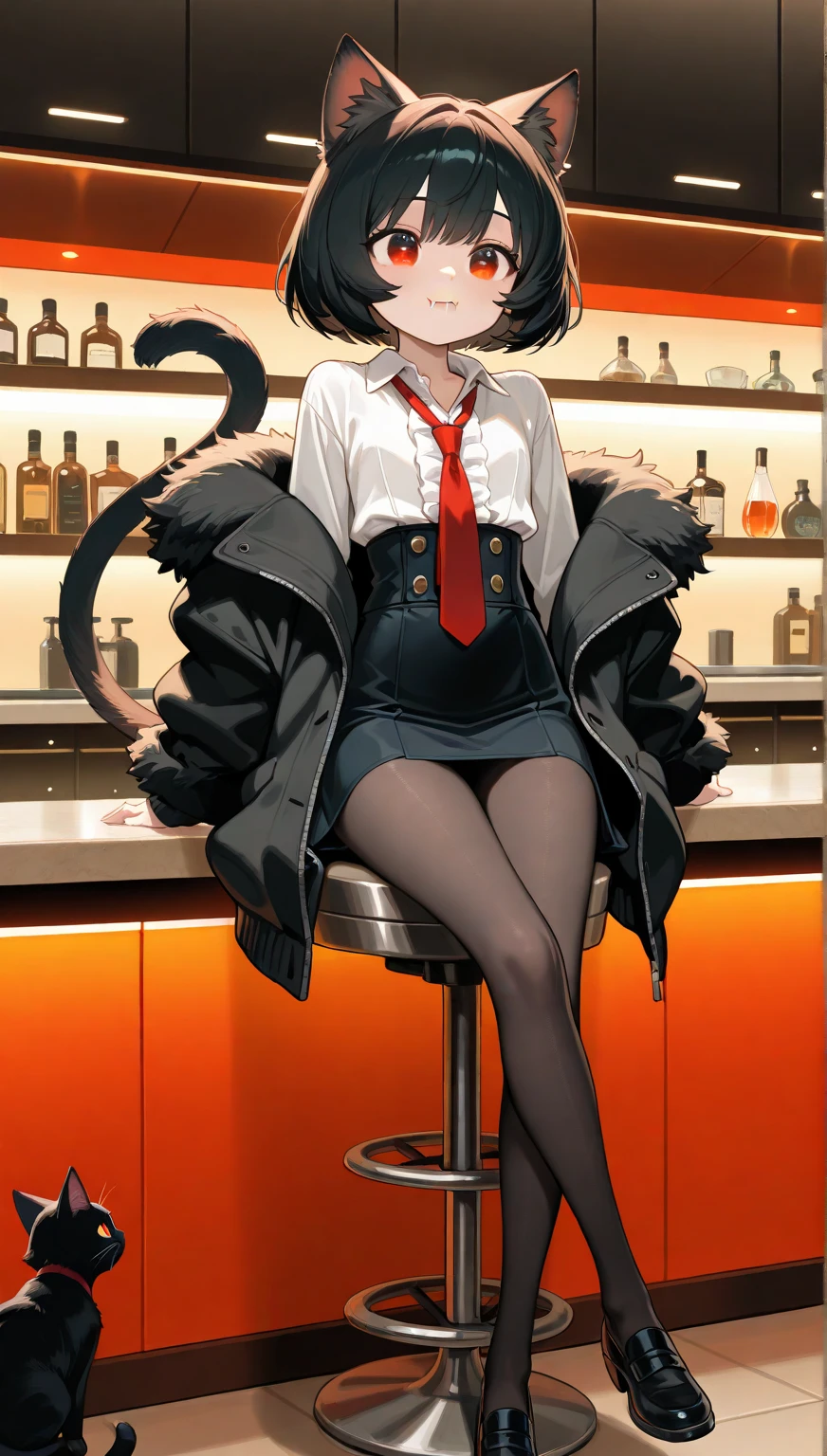 Neiwan girl with black short hair and cat ears，Sit on a chair and drink