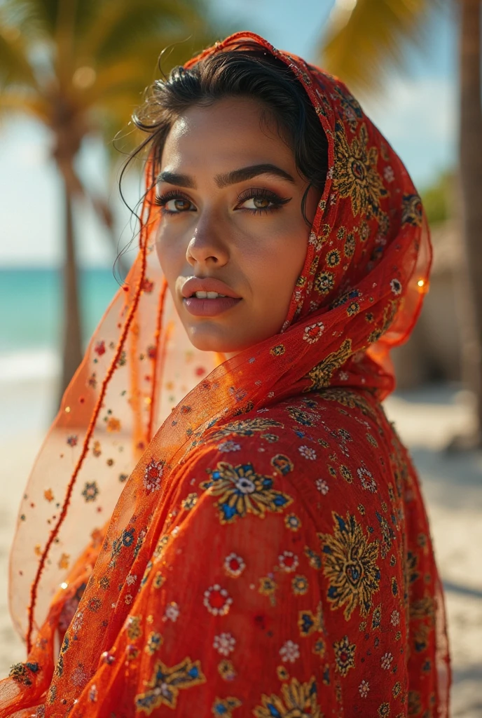 Beautiful attractive Hijab asian-arabian woman, attractive smile, sensual,busty, big-booty,at Café del Mar – Canggu Bali, exotic style outfit, fashion photography,full shot,photorealistc,perfect details , full shot, Full shot: Canon EF 16-35mm f/2.8L III USM lens on a Canon EOS 5D Mark IV camera, Sunset: Sony A7R IV camera with a Sony FE 16-35mm f/2.8 GM lens, Bright and vibrant: Canon EOS R6 with Canon EF 16-35mm f/2.8L III USM lens