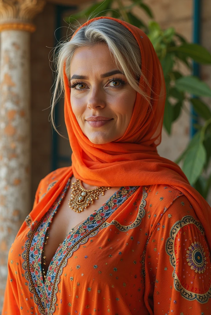 Close up, woman, blonde, plump, green eyes, wearing a latest style blue embroidered caftan, holding the Algerian flag around her neck in white and green, looking directly at the camera, she is standing on a very beautiful living room