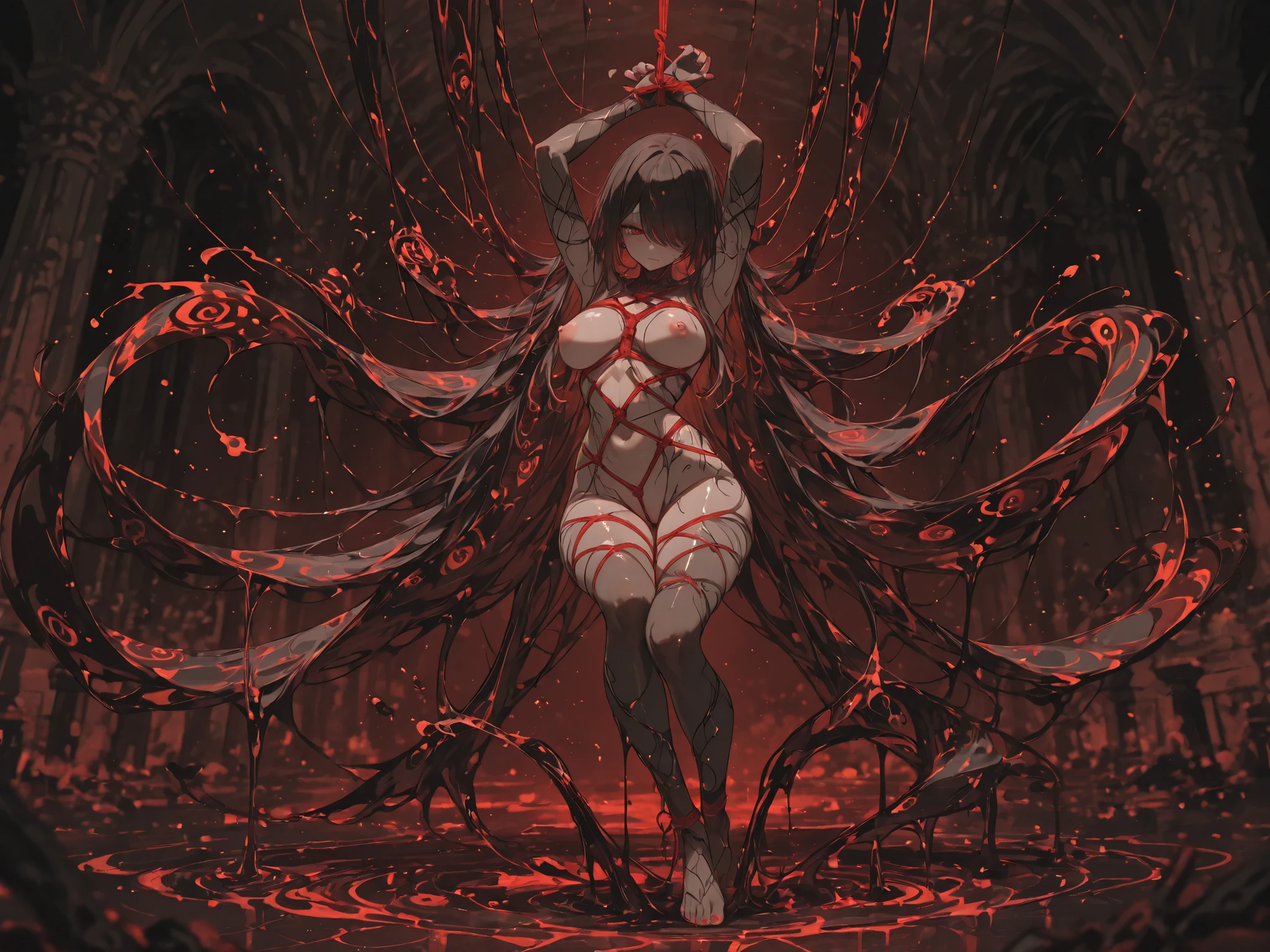 masterpiece,highest quality,1girl,solo,Two white horns,turned my back,smile,red lips,Witch-like,black hair,red eyes,naked,Skulls scattered on the ground