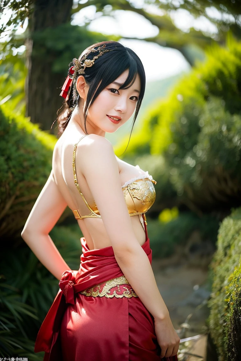 The beautiful Chinese goddess dressed in a golden lace dress with a delicate waist and small breasts. She is in an ancient temple surrounded by golden pillars, lotus flowers and a deep blue sky. ((The scene must have natural lighting)), legs open, lowered, nsfw, tattoos, oiled, wet, showering, bathing, lubed, dripping,, cum, creampied, creampie, legs open, lowered
