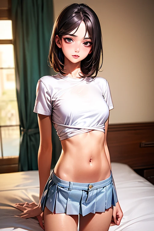 irrational solution, High resolution, (masterpiece: 1.4), Very detailed, (((Detailed face, Detailed Expression)), Two Girls, Girl and Girl, friend, best friend, classmate, relax, ponytail, Bob, sitting on bed, Sitting on the floor, two people having a conversation, Room Background, friend, Relatives and friends, Home, 1k, Small room, curtain, bed, tv set, mechanical, Loungewear, Kyoto Animation, Kyoto Animationの雰囲気, (Tears in my eyes)、masterpiece, Highest quality, (Highest quality、8K、masterpiece:1.3)、超High resolution、Physically Based Rendering、(Realistic:1.37)、Beautiful woman with perfect body:1.4、Slim abdomen:1.2、非常にDetailed faceと肌の質感、 Red cheeks、White skin,Slender legs、Highest quality,Very beautiful woman, (cute:1.2),Perfect glowing skin、(((Full nudity)))、((Small breasts))、((Wet body))、(Glasses:1.2)