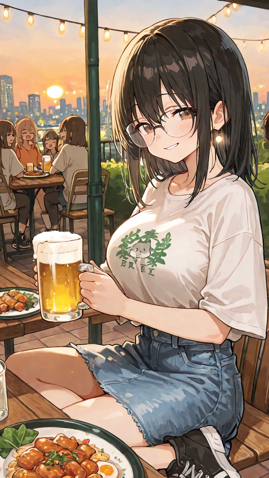 Best Quality, ((masutepiece)), (Realistic), femele, beer garden, Drinking beer was delicious, Hot and sweaty, Place it next to her face, closing eye, 1womanl, sour face, Green shirt, food, Solo, Open Shirt, Lace Shirt, Floral shirt, colorful skirts, Mini skirt, beer
