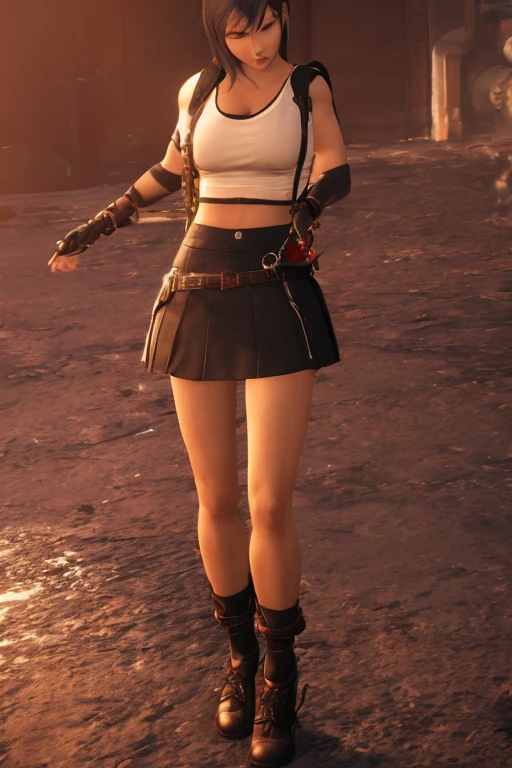 (Golden Ratio,Tabletop, Highest quality, Highest quality, beautifully、beautiful:1.2), Very detailed, colorful,Best details, (Adult,19 years old,One Girl, alone, Final Fantasy 7,Tifa,Long Hair, Hair blowing in the wind,ponytail,TifaCostume, Huge , mini skirt,Micro panties:1.2,Thigh-high boots, Thighs Thighs Thighs Thighs, gem,A look of contempt,See the trash, her hand lifts her skirt.,Show me your pants,trying to trample on you