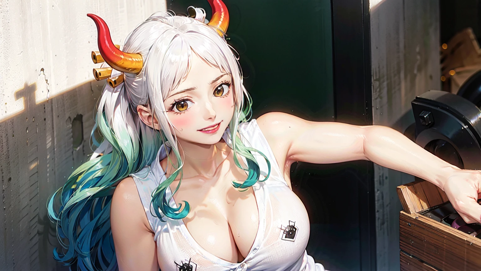Micro bikini，One woman，one piece,Yamato，Yamato，swimsuit，white hair, green hair, red horns, big breasts, ((sticking out tongue))