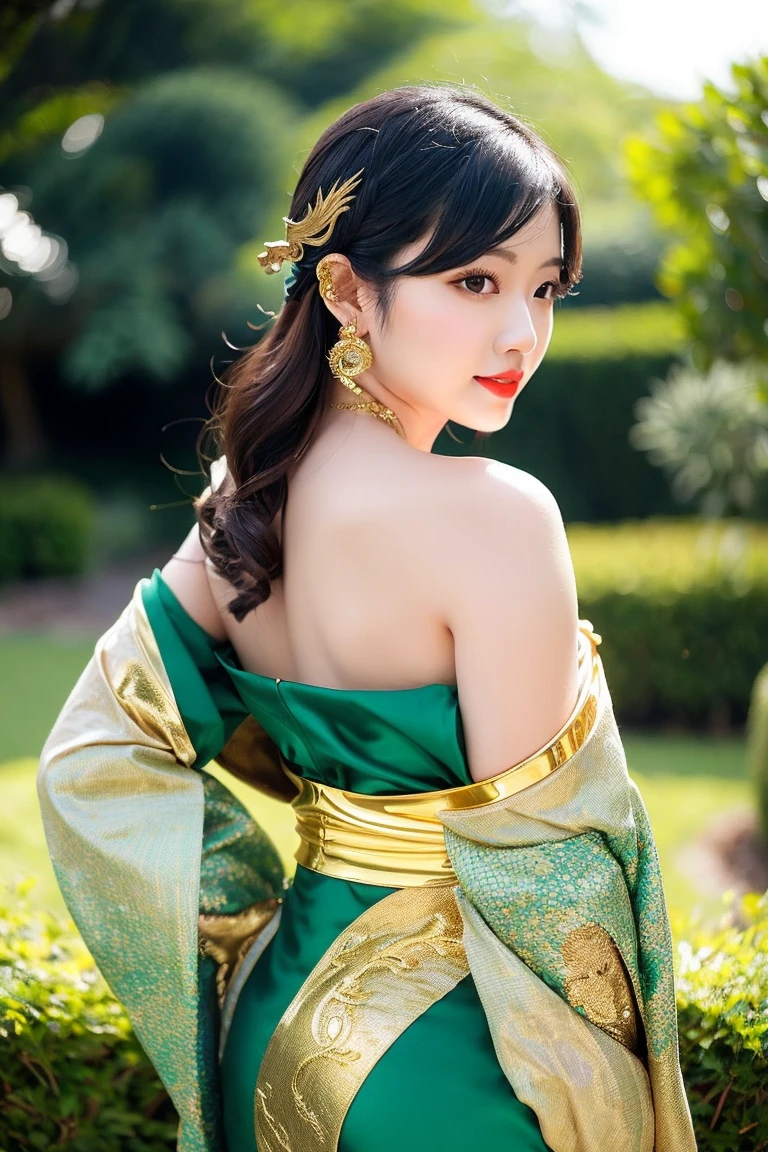 Chinese beauty, a real person photo of the top half of the body, wearing a floral green and yellow dress with a colorful pattern on it, a gold necklace around the neck, long black hair in a loose ponytail hairstyle, pink lips, right eye covered by bangs, a grassy lawn background, a front view angle, natural light, warm colors, charming, in the style of .