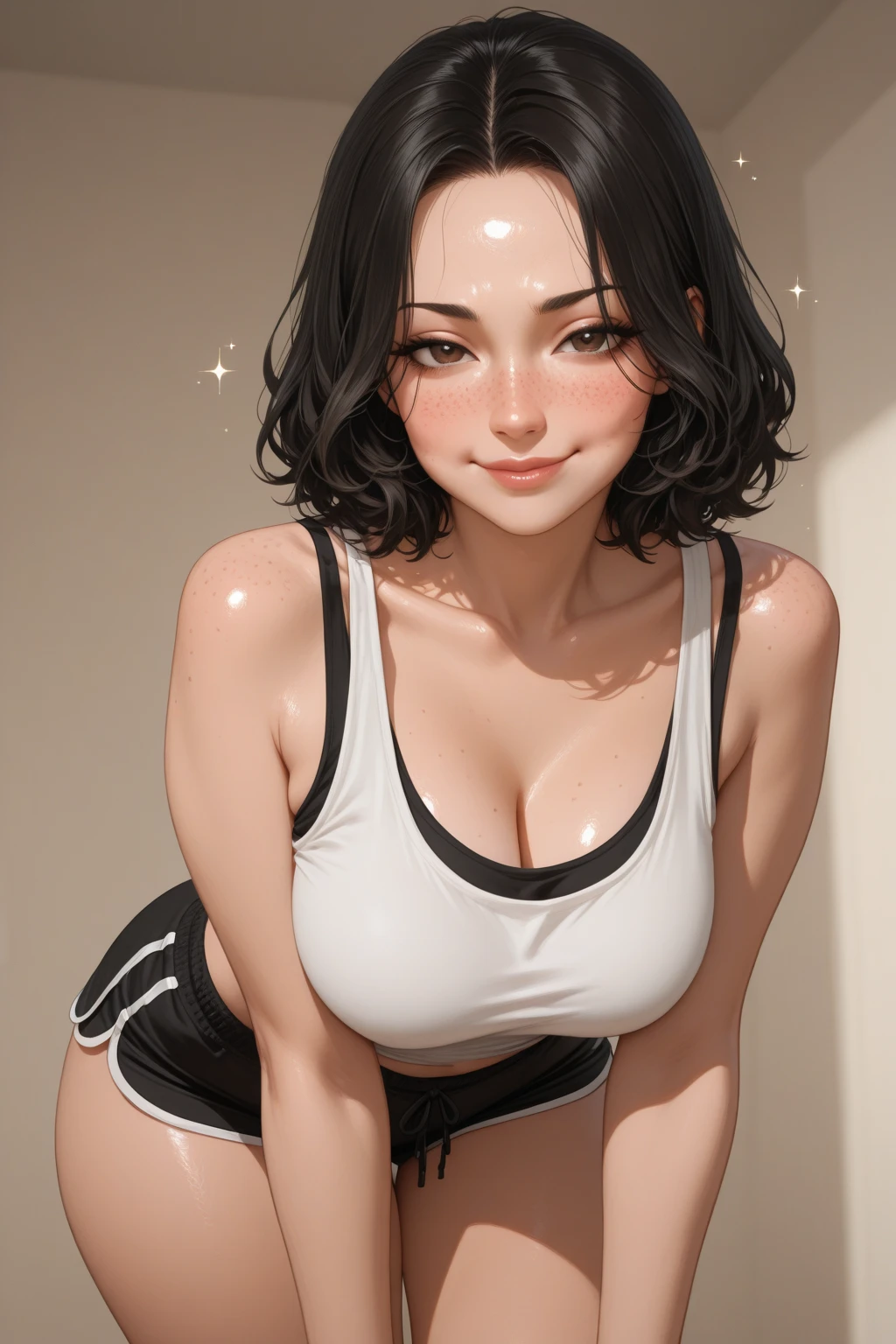 Amazing cowboy shot of a sexy woman wearing her black bob cut hair, seductively gazing and smiling, soft lips, blushing intensely, white tank top, panties , medium chest, perfect body, simple background, Nicole Kidman