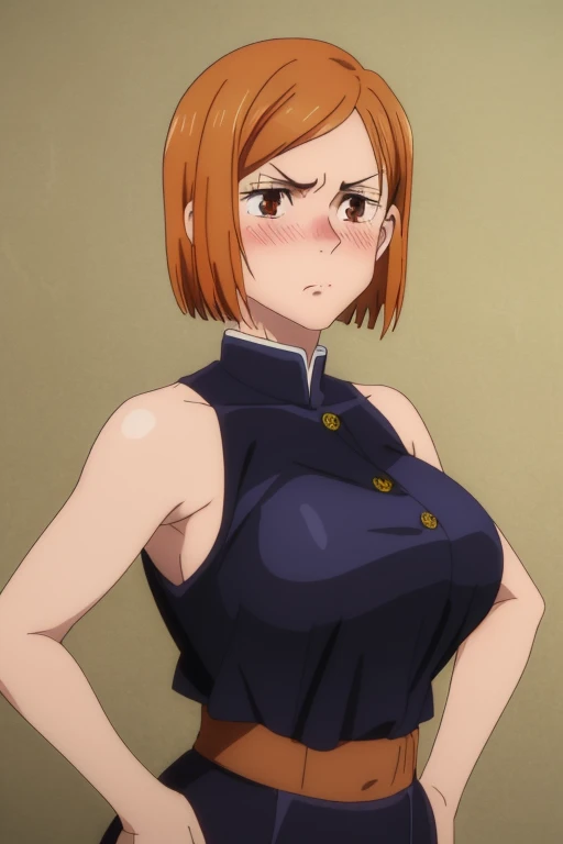 (masterpiece), (best quality), (ultra-detailed), (best illustration), (best shadow), (absurdres), nobarakugisakinova, short hair, orange hair, ((brown eyes)), kugisaki nobara, 1girl, solo, wearing crotop, bangs, gakuran, closed mouth, sleevesless, looking at viewer, upper body, (huge boobs), (((large breasts))), ((blushing)), Hourglass body, thin waist, very thin waist, hands on hips, angry, front view, ((busty)), seductive smile, both hands raised, armpits, armpits visible, sweaty armpits,