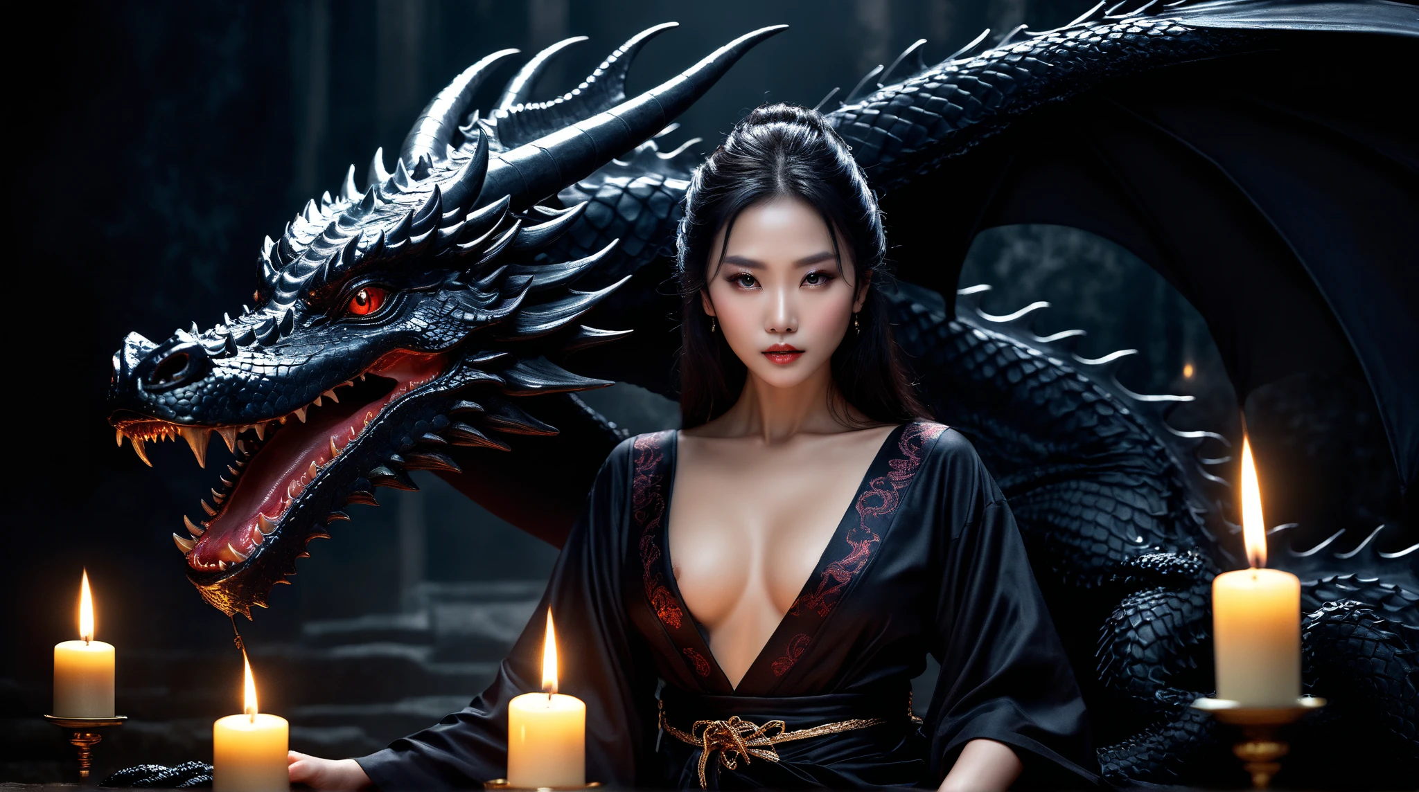 (best quality,4k,8k,highres,masterpiece:1.2),ultra-detailed,(realistic,photorealistic,photo-realistic:1.37),evil mystic black dragon,lovely temptress,seductive eyes,dark seductive atmosphere,Feudal Japan,nighttime,men's rooms,powerful aura,transformation process,magical elements,mystical background,erotically charged,forbidden desires,ceremonial robes,dark shadows,flickering candlelight,whispering winds,hidden desires,mysterious rituals,secretive encounters,mesmerizing beauty,enthralled men,embrace of darkness,bewitching allure,stealing seed,twisted pleasures,unsettling presence,dangerous seduction,clashing desires,forbidden fantasies,intense passion,mystical charm,ensnaring spell,irresistible temptation,tangled emotions,dark secrets,dark seductress.