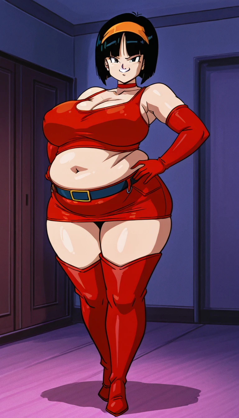 Appearance:
Race: Female Dark Elf
Skin: Dark
Eyes: Blindfolded
Expression: Smiling
Mouth: Closed
Body Type: Maternal
Chest: Large, covered with clothing
Pose:
Standing by a wooden pole, looking down at the viewer