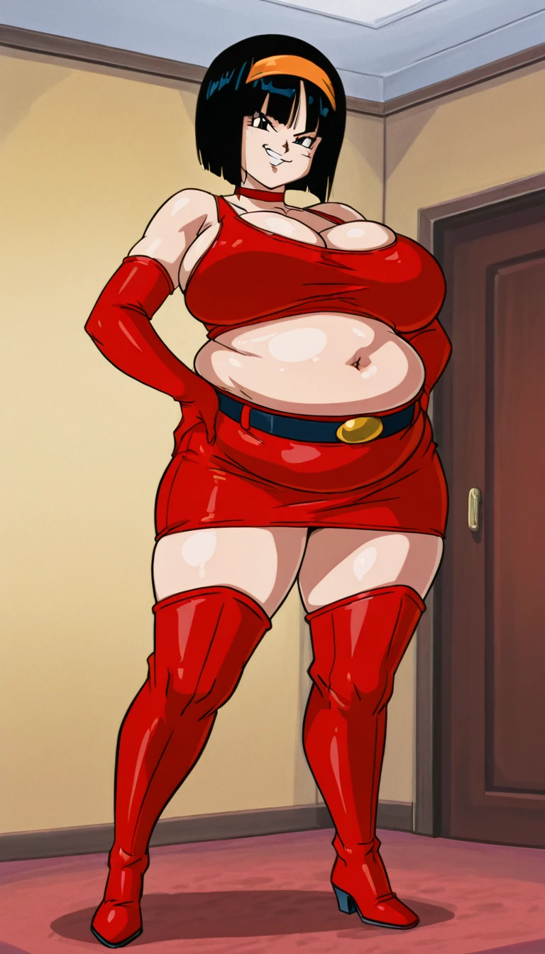 Thin woman, age 25, 4K (High definition), beautiful smiling, seducing gaze, teacher in red dress (of buttons) with V-neck and short sleeves, black belt, pele caucasiana, shoulder length red hair, standing, curvy with freckles and little beads of sweat running down her forehead and chest. marvel style, white background.