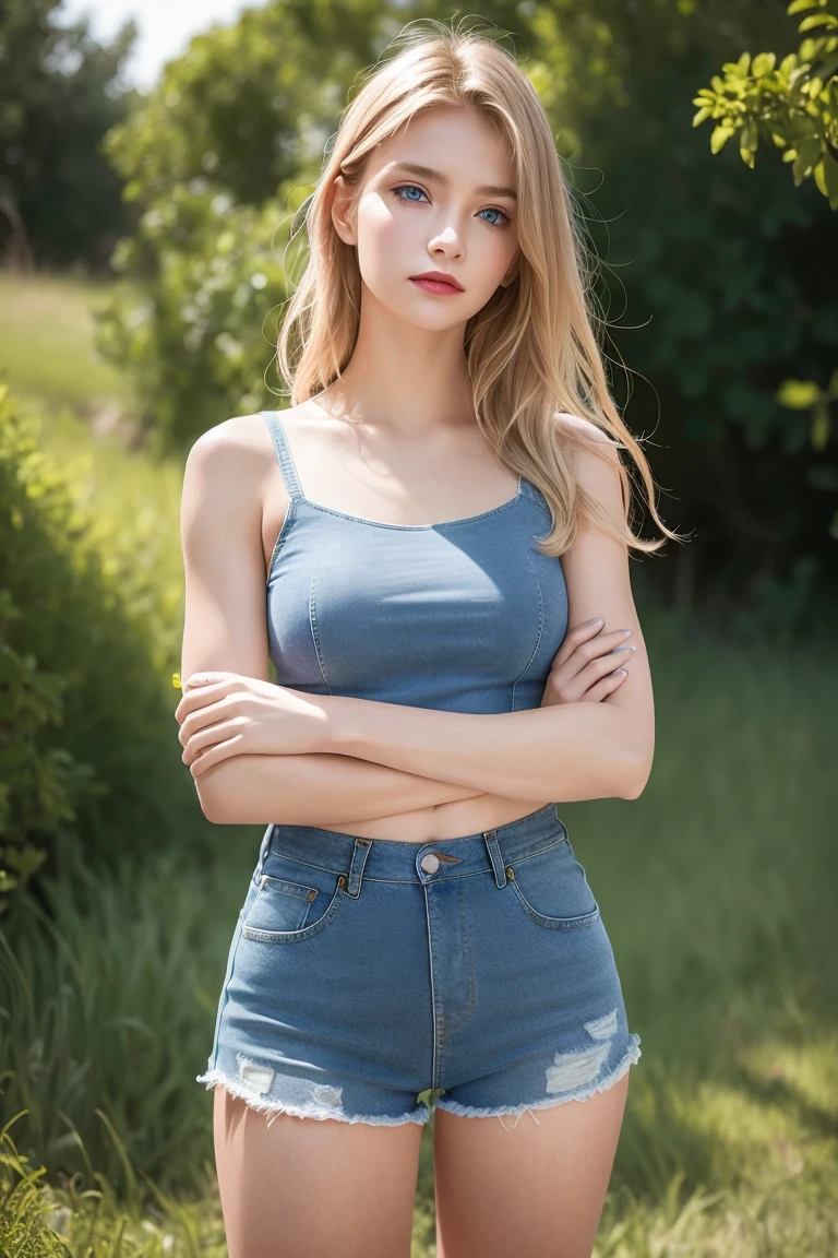 (Caucasian woman), ((blonde hair)), ((curly hair)), ((long hair)), (olive green eyes), lined eyes, shiny eyes, highlights eyes, red lipstick, makeup, ((athletic body)), ((small breasts)), nipples, ((legs)), ((white top)), (Short sleeve top), ((skirt)), (((denim skirt))), earrings, necklace, watch pulse, bracelets, standing, in a park, back, back view, (shot from behind). 