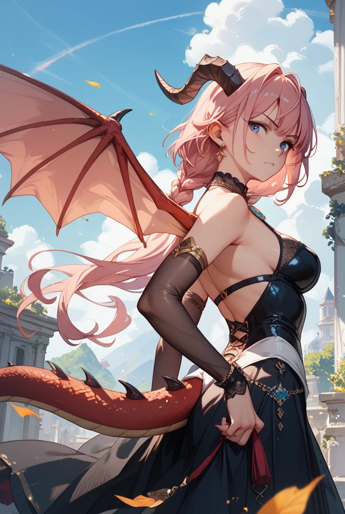 extremely detailed CG unity 8k wallpaper,masterpiece, best quality, ultra-detailed, beautiful detailed eyes:1.2,best illumination, (best shadow, an extremely delicate and beautiful, bloom),dragon_real, (1gril),solo,pink hair,(blue eyes:1.1),short hair,Bare shoulders,black dress,jewel,earrings,bare legs, (pink dragon:1.4),(tattoos and dragon),collarbone,lips,moon,gigantic hanging breasts,White silk stockings,lace,Anime face,2.5D,8k, Beautiful facial features,starry sky,Complex decoration,Black Armor,looking at viewer,Strong lighting,light and shadow texture,texture details,
