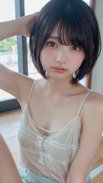 Masterpiece, high quality, high resolution, 8K, A skinny Japanese wife, 40 years old, cute face, detailed face, detailed eyes, short hair, very small breasts, thin waist, a photo captured a sexy moment of conjugal life, 