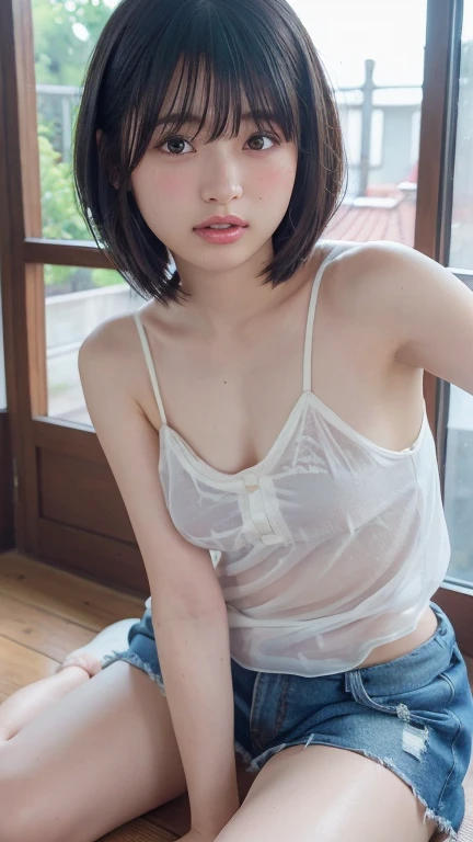 (High resolution:1.3), (16k, Photorealistic, Raw photo, Best image quality: 1.4), Japanese, (One Girl), Beautiful Face, (A vivid face), (Black-haired、short hair:1.3、bangs:1.2), Beautiful Hairstyles, Realistic eyes, Beautifully detailed eyes, (Realistic Skin), Beautiful skins, attractive, 超A high resolution, Surreal, High detail, Golden Ratio, Highly detailed cute girl,(20-year-old), (See-through shirt:1.7), Sit with your knees bent