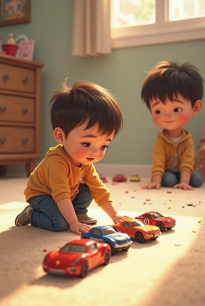 Two little brothers playing together in a cozy living room. One is pushing a small toy cart while the other is playing with toys scattered on the floor. A soft blue light subtly illuminates the scene, casting a gentle glow on the children and their surroundings. The room is warm and inviting, with a few plush toys and colorful blocks around