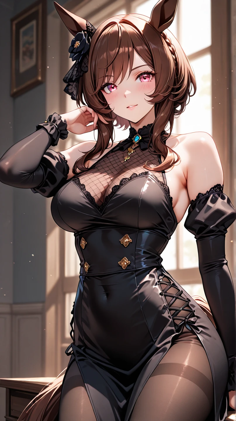 Cute girl, short curly brown hair, brown eyes, big breasts, black dress, short shorts
