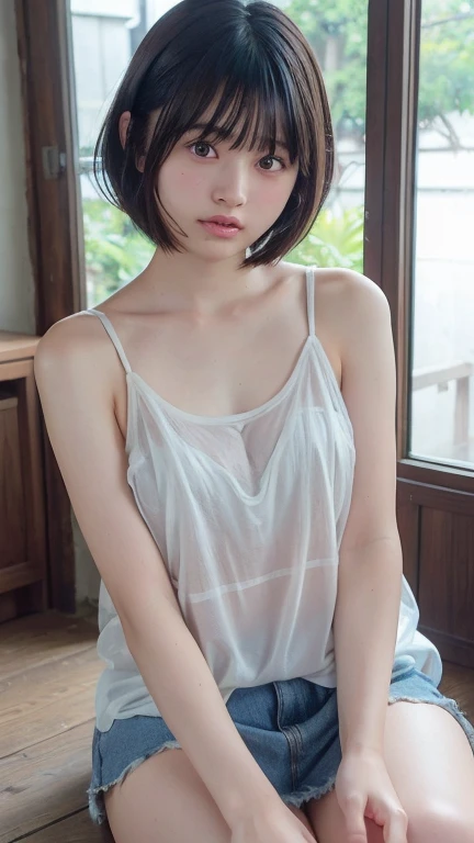 (looking at the camera),(bent over:1,bent over:1),((The skin is wet from sweat)),Cleavage,Inside the house,entrance,Wearing a shirt,Looking down,Troubled face、Skirt Lift、Lift up your miniskirt with your hands,woman, 20-year-old, Short Hair、bangs、(Plain Mini Skirt),(White lace panties)、Cute earrings
