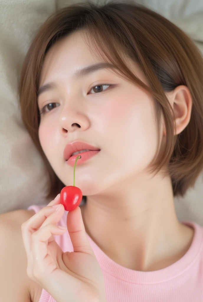 Sucking a condom in your mouth、female、Shortcuts、Embarrassed face、bed、inner color hair、NSFW、Clothes are see-through and nipples are visible