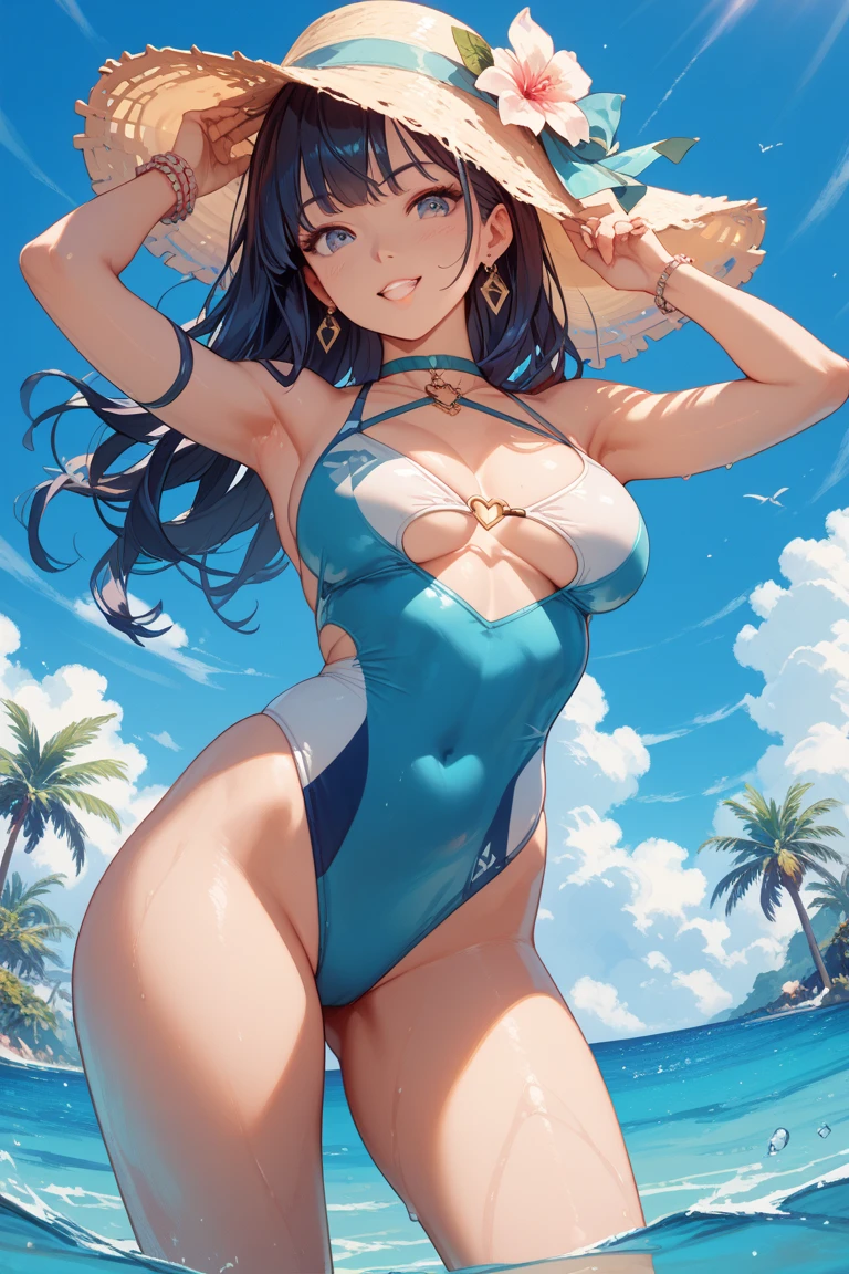 1 girl,Further details,Sleeping,Long hair,,Big saggy breasts,Eyes closed,innocent,bikini,White skin,Sweat,Flowers,Waterfront,Halo,Big thighs,With legs wide open,sleep