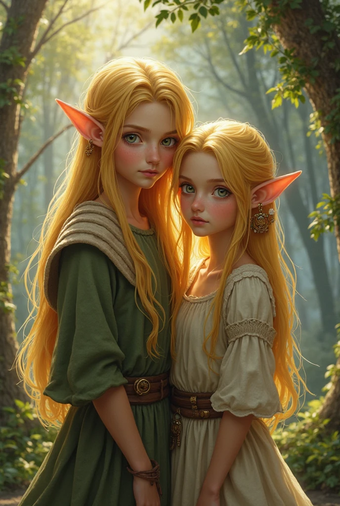 Two female people, of the fictional elf race. The oldest with an apparent age of 20 years, blue colored eyes, long blond hair and next to her younger sister who appears to be a child.