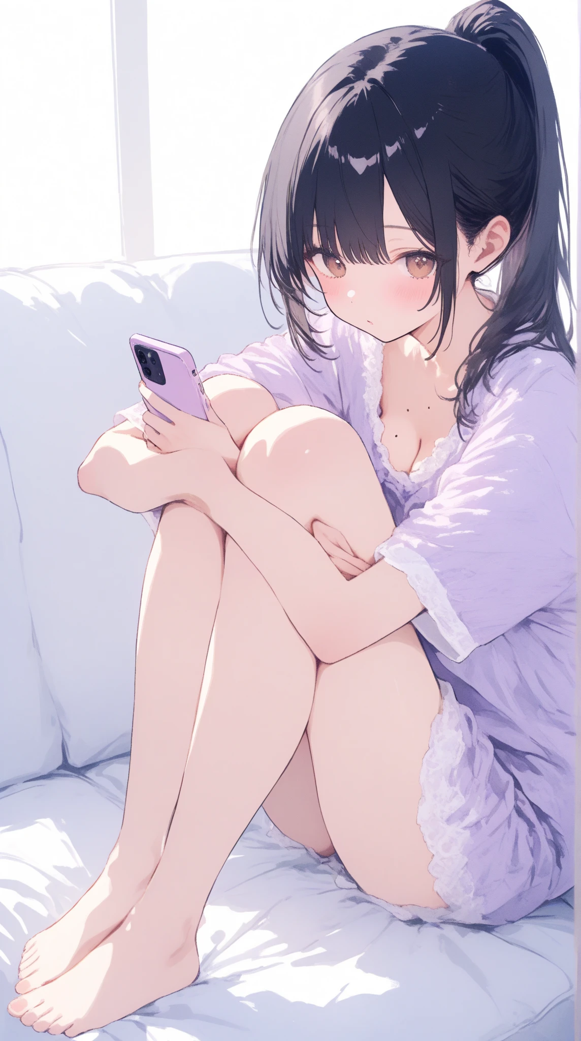 middle School girls looking at smartphone in bed Short, messy black hair Messy room underwear Apathy Late Night Sleepy face pajamas