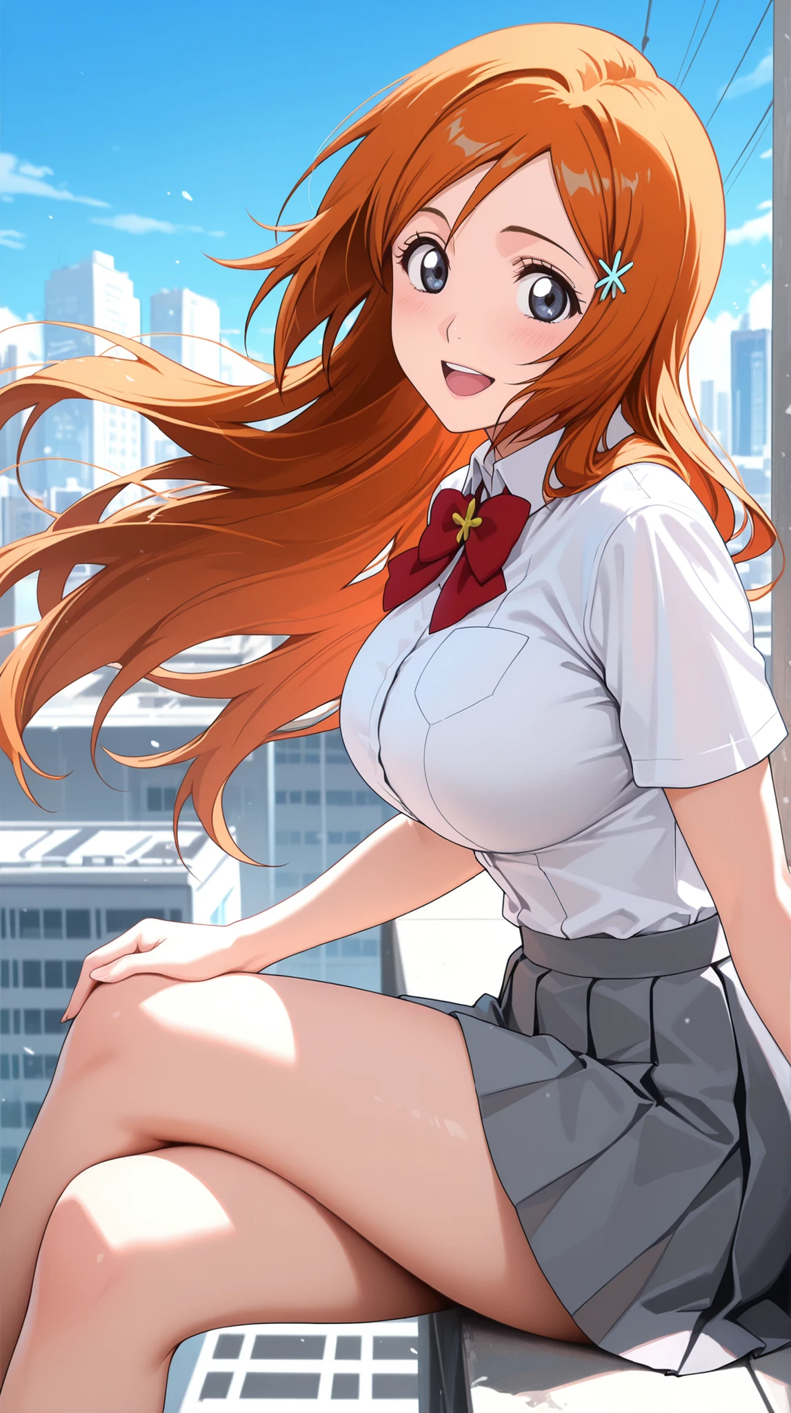 masterpiece, best quality,source_anime,1girl,solo,inoue orihime,looking at viewer,happy,red bowtie,white shirt,Short Sleeves,gray pleated mini skirt,outdoors,city,building,rooftop,blue sky,accidental exposure,wind lift,from side,thigh focus,sitting,crossed legs,hand touch knee,