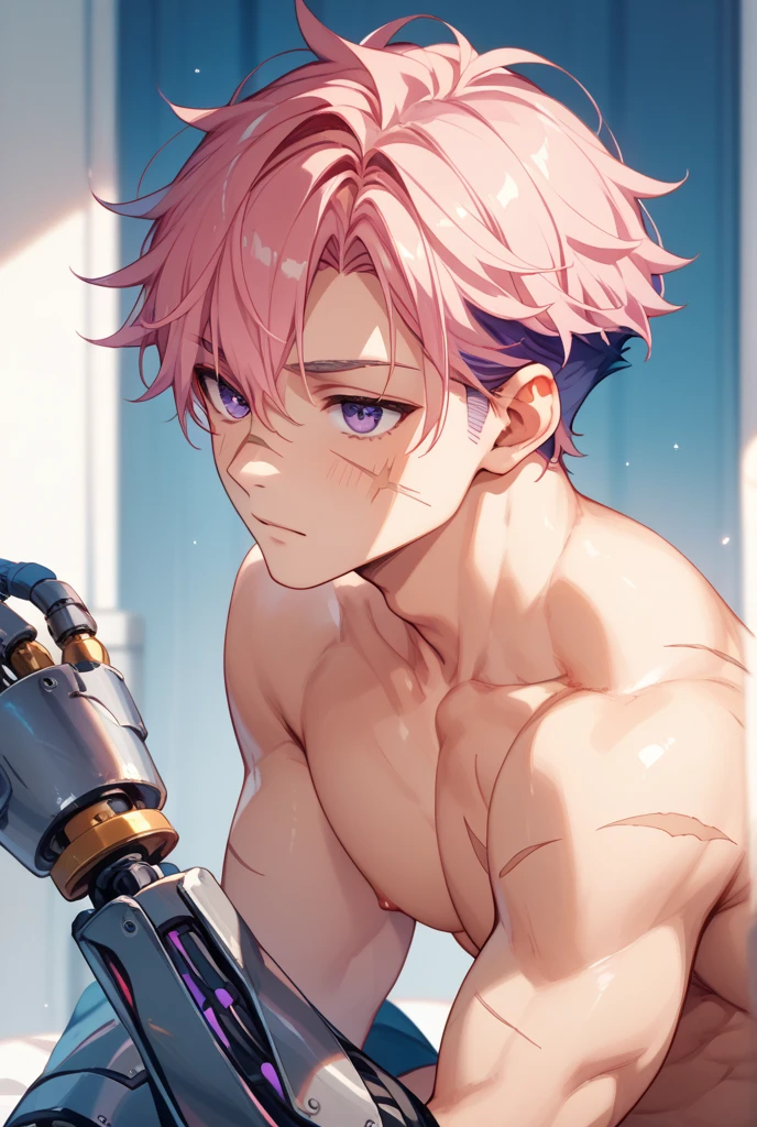 a cheerful character named "ROYAMEN SUKUNA" in. The story series "Jujutsu Kaisen" has short, dry, pink hair, has a tattoo on the face that resembles abstract black lines, and a curved tattoo on the wrist down to the chin with 4K HDR photo resolution, ANIME,