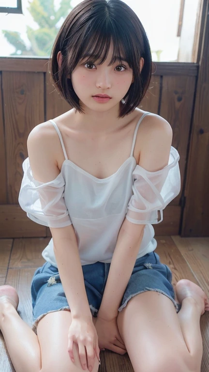 Flat Chest、Sheer sailor suit、Wet and transparent、((Small breasts))、Baby Face、Small and slim、Show whole body、White camisole、No bra、See-through thin clothing that shows the shape of the nipples、Zoom in on the groin area、Off-the-shoulder camisole:1.5、Group selfie、Front low angle、Put your chest close、Low angle cowboy shot、９Elementary school students at the age of、Wet shirt、Showing armpits and abdomen、See-through,1 girl,Japanese,(Small breasts:1.3),(highest quality,masterpiece:1.3、Bobcut
