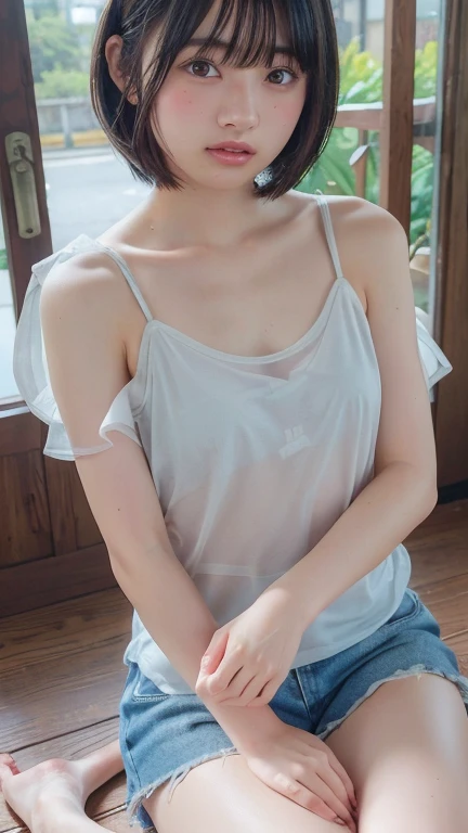Beautiful woman looking at camera, very sexy and small area Akihabara maid clothes, detailed photo, petite person, (slim, small, flat, small), sexy pose, WET BODY, soaked, 10 year old girl, NSFW