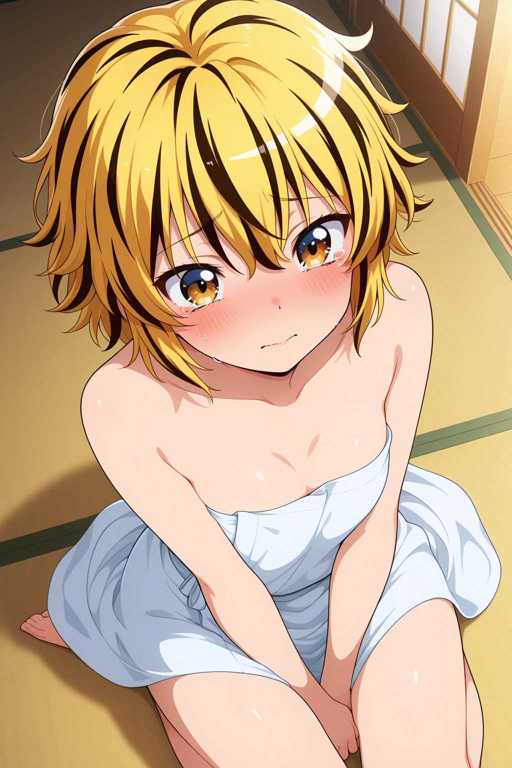 best quality, amazing quality, very aesthetic, absurdres, (1girl, oshino shinobu, monogatari \(series\), solo, blonde eyes, blonde hair, small breasts),(naked:1.8), (night, thigh:1.3), (cowboy shot), (spread legs:2), (from above0.7), (long hair, adult), (bent over, arms behind back:1.4), (blush:0.7), (lie down), (rolling eyes, upper teeth only), expressive eyes, perfect face, 4k, extremely detailed anime illustration, extremely detailed eyes, perfect anatomy, light rays, extremely delicate body, smooth skin, (bedroom background:1.5), clear eyes, beautiful face, smiling at viewer, (anime style:1.7), (cinematic Light:1.5), (highres:2),
