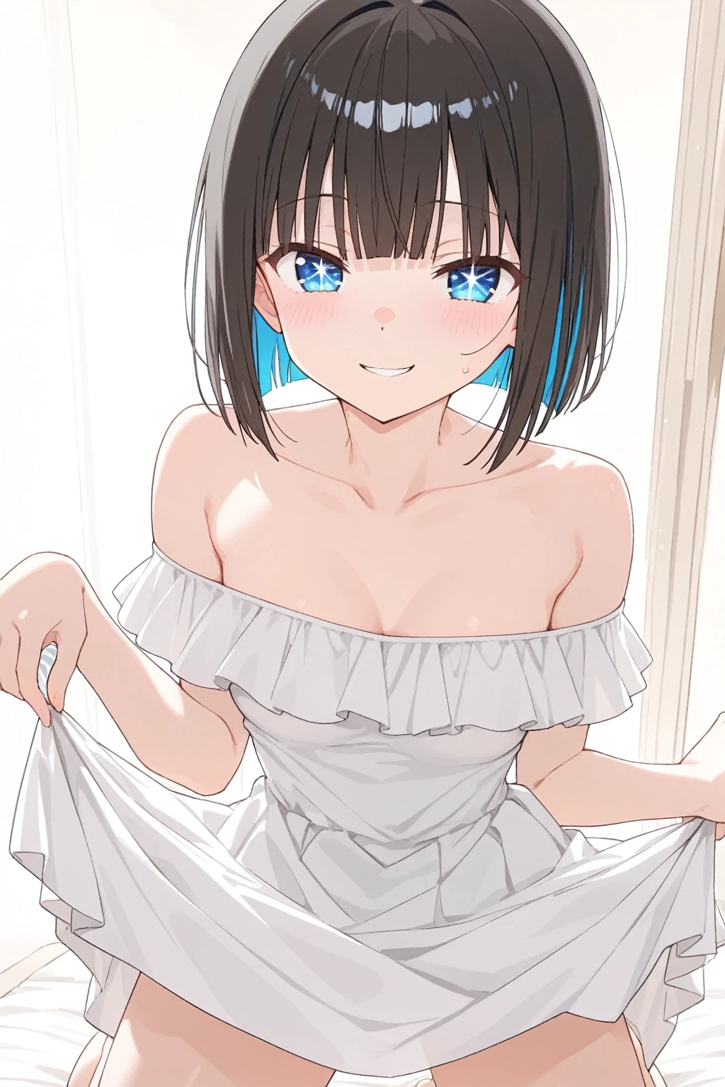 (Light blue camisole　Pull up the skirt to show white string panties　The bra is visible　Gravure Pose　Very detailed down to the smallest detail　clear outlines　Beautiful face　Beautiful skin)  thin-waist　A slender　ribbed　skinny limbs　teats　cleavage of the breast　Beautiful breasts　a short bob　Uterine mouth　Beautiful fingertips　Pink Nails　Anime style