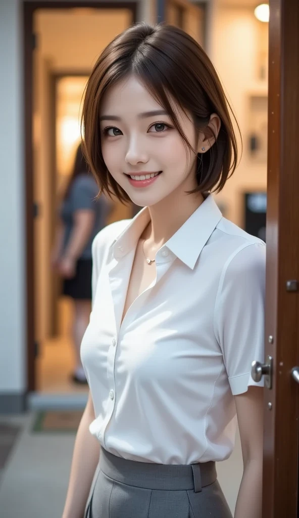 Smile full of happiness、((Looks happy:1.3))、18Slender beautiful girl、Panting face、Lacking、Sweating、Expression in a state of excitement、short-hair、eye glass、(((teats see through:1.3)))、(((The pubic area is protruding:1.3)))、((During sexual))、((of the highest quality, 8K, masutepiece: 1.3, Raw photo)), Sharp Focus: 1.2, (1 AESPA Girl :1.1), Solo, (Realistic, Photorealistic: 1.37), (Face Focus: 1.1), Cute face, hyperdetailed face, (Short messy hair: 1.2), Small Smile, Small breasts, flat chest, , (Take off your chiffon button-down shirt, Chiffon panties: 1.2), Thigh, Looking away, bustling cityscape, towering skyscrapers, Starry sky