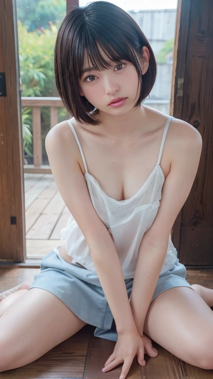 Photoréaliste, vu d'en bas, une jeune femme japonaise portant des vêtements sales et mouillés Manche longue chemise fine pantalons chauds, une belle jeune fille hyperréaliste aux yeux bleu grisâtre dans des lunettes, sein naturel, illustration officielle très détaillée, belles filles avec un corps mince et une posture plantureuse, cheveux en désordre qui coule, Longues jambes, jolie jeune femme, les bras croisés tiennent la poitrine vers le haut, sur un sentier mouillé dans le jungle brumeuse, fond naturel, journée pluvieuse, Portrait réaliste, photoréaliste lisse, visuel parfait d'une jolie fille, jolies filles avec un visage doux et skinice, Mise au point du visage, Makoto Shinkai et Artgerm, cartographie des photons, Lumière naturelle, tons de couleurs chaudes, Couleurs vives, ambiance fraîche, atmosphère brumeuse

