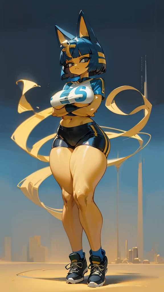 young girl, Pullover, booty shorts, topless, whole body to see, exited, smile, moans, big bangs, blinding bangs hair, (( very wide hips)), (huge thighs, very big thighs), fullbody, platform heels, black skin, full body, glasses, nude,