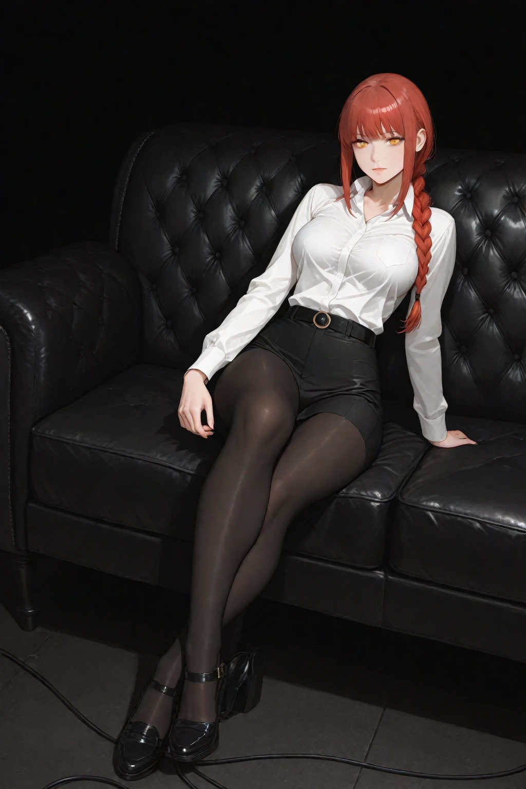 Busty red hair naked woman riding a dildo in black lingerie