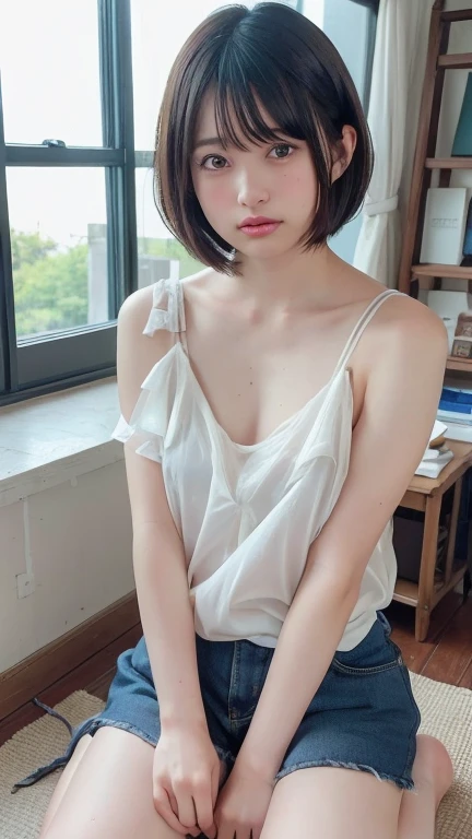 (real, High resolution:1.3), short hair, A cross-dressing man wearing a plain white T-shirt、Dark Room、Collarbone and hands are muscular、the skin is dark、Dark eyebrows、Dim lighting、The shoulders are wide、The background is clear、night