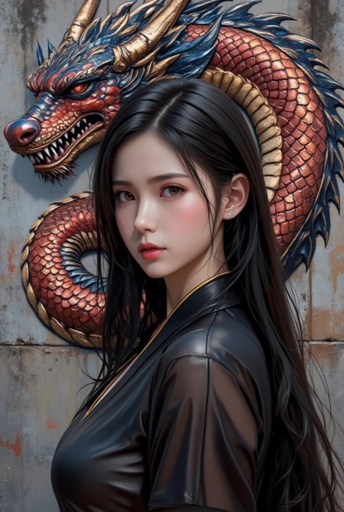 Best Quality, Masterpiece, Ultra High Resolution, (Realistic: 1.4) 1 Girl, beautiful_face, Detailed Skin, Full Body, Jade Fire Tree, Jewelry, Solo, Earrings, (Fire: 1.3), Blur, Realistic, Lips, Control a Flame Chinese Dragon, Flow Draw