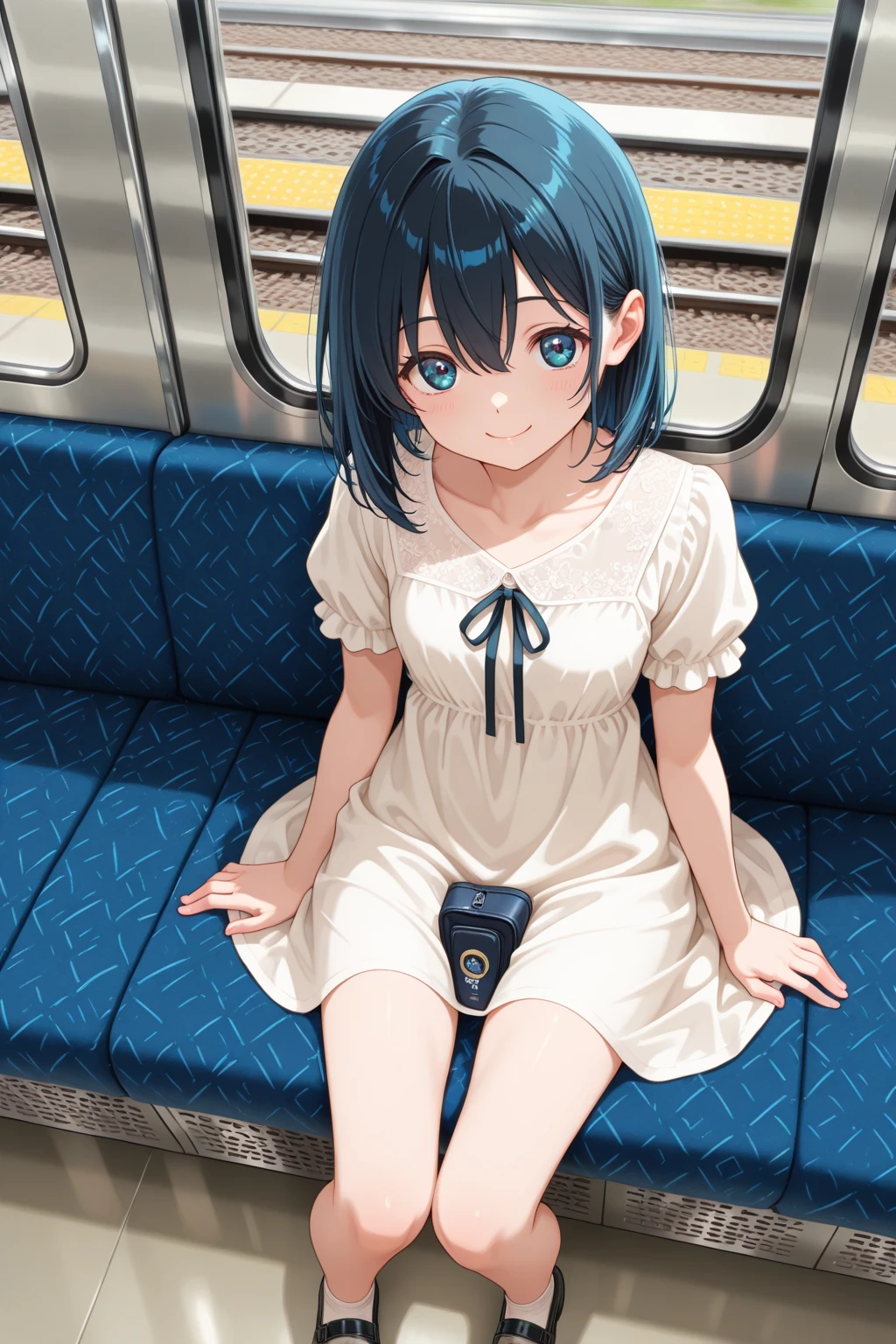 (((Pixel Perfect,))), alone, 1 Girl, Rem,Fully nude,With nipples,Pussy in full view,Sitting and spreading legs,smile,on the train