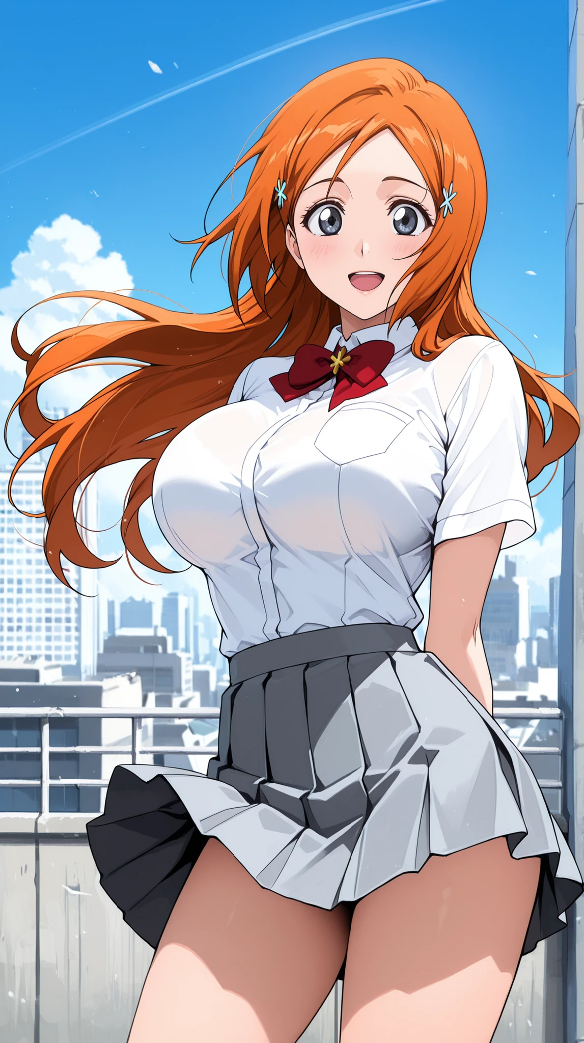 masterpiece, best quality,source_anime,cowboy shot,1girl,solo,inoue orihime,looking at viewer,happy,red bowtie,white shirt,Short Sleeves,gray pleated mini skirt,outdoors,city,building,rooftop,blue sky,accidental exposure,wind lift,thigh focus,standing,contrapposto,arms behind back,