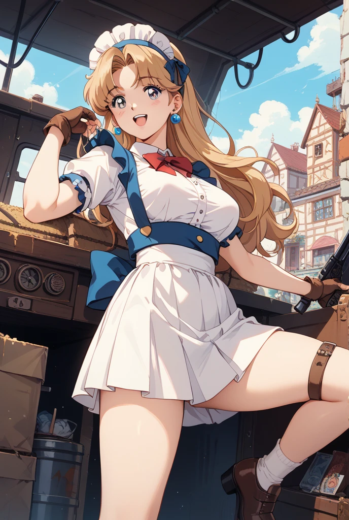 anime image of a woman holding a purse and a purse, detailed key anime art, in dress, close - up shot, close-up shot, detailed digital anime art, thighs close up, close up shot, clean detailed anime art, a hyperrealistic , anime maids riding early tanks, bottom angle, , hyperrealistic