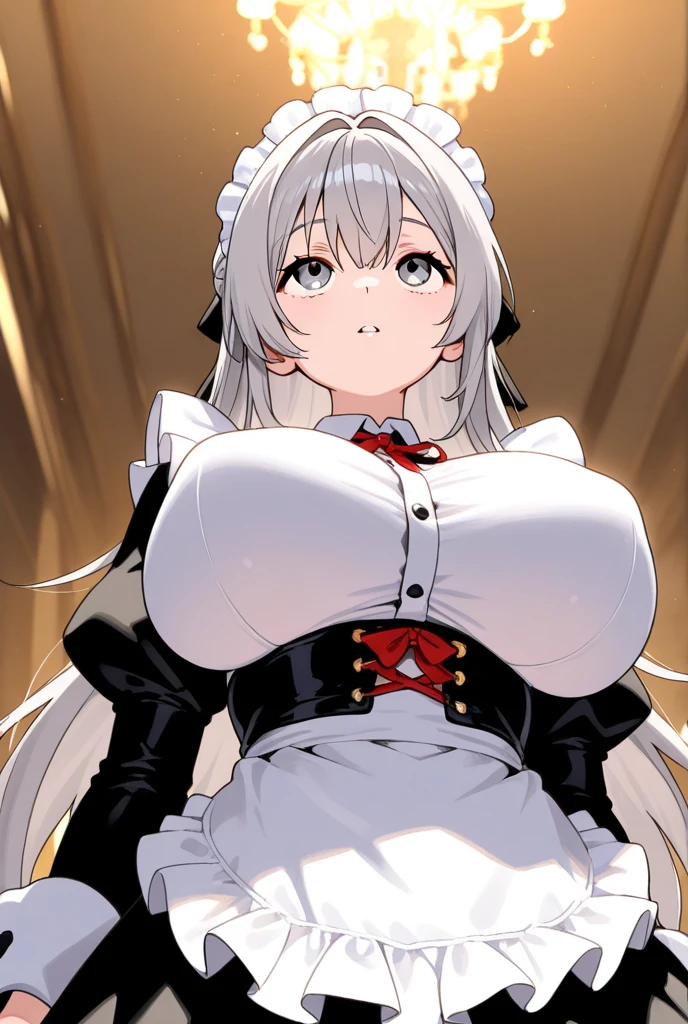 1girl with long white hair, brown eyes, maid uniform, big breasts, rich bedroom, disgust on face, night time, stand in dark door