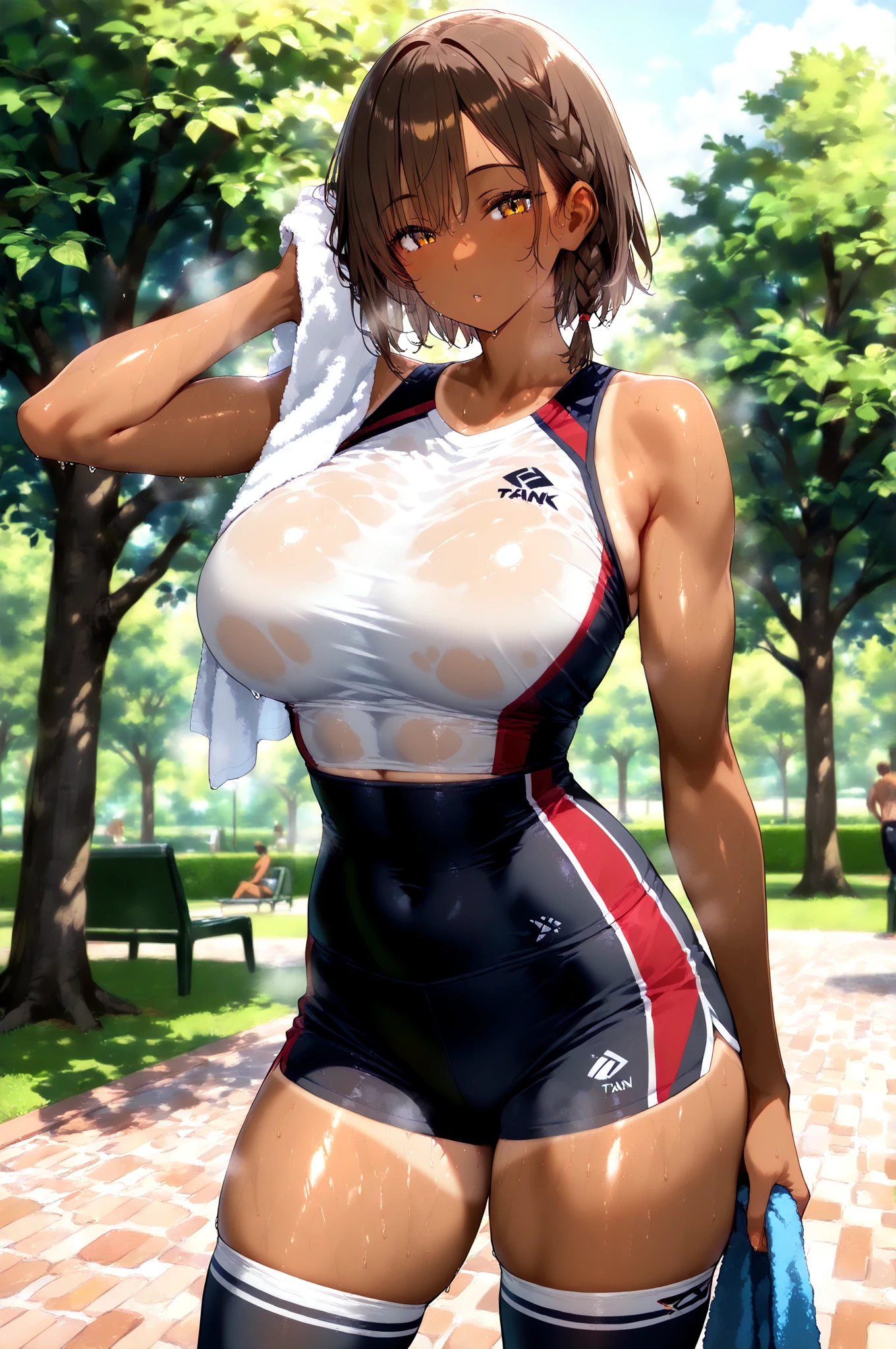 1female,45 yers old,A MILF,熟妇,mature,Married woman,Slightly fat,The chest is large,Huge cleavage, A sagging breast,独奏,(Background with:soccer court,Cherry blossom forest) ,high ponytails,Short hair details,seen from the front, The sky is mostly cloudy,(((tmasterpiece),(Very detailed CG unified 8k wallpaper),Best quality,电影灯光,detailed back ground,beautidful eyes,Bright pupils,黑The eye,Snow-whiteskin,Redlip(very delicate beautiful),(Beautiful and detailed eyes description),ultra - detailed,tmasterpiece,))facing at the camera,A high resolution,ultra - detailed),The chest is large,A sagging breast,Expose breasts exposed,Bare genitals, convex,legs are open,Raised sexy,Camel toes,face flushed,sheer transparent clothes,soccer player(dressed in:Football uniforms)