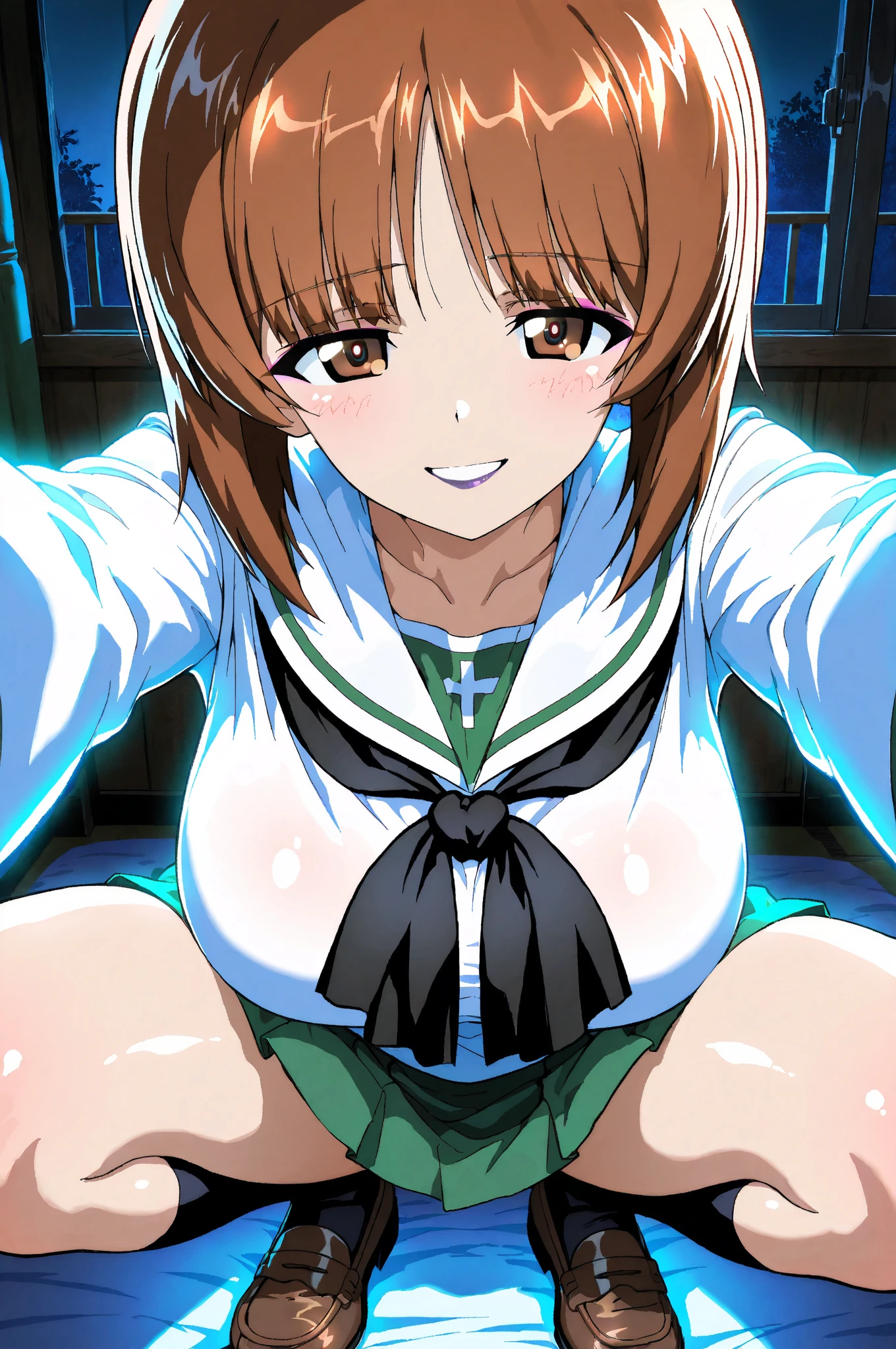 nsfw,(((masterpiece))), (((best quality))),((masterpiece:1.5)), (best high quality), (ultra high res), (ultra highly detailed), (8k:1.3),anime colored,perfect hands, perfect fingers, perfect legs,1woman,solo,idolmaster,(((hina araki))), (20yo, beautiful girl), (beautiful brown eyes),((beautiful orange hair)), ((short waviy hair)), (((green rim glasses:1.5))), (wet hair), (wet skin), ((sweat)), ((steam)), (flat chests,large breasts), (tall), (slender), (((light green and white cyber suit))), ((open clothes)), ((pubic orange hair:1.5)), ((((spread legs)))),((spread pussy:1.3)),(open mouths), (a big smile), ((stick out tongue)),(feel good), (one eye closed),(blush),(singing),((headset)),(happy smile:1.5),(kupaa:1.5),((cum on Face:1.9)),((cum on body:1.9)),(cum on pussy:1.9),(female masturbation:1.9))),(cum shot),((on stage,Spotlight:1.3),(look at viewer),
