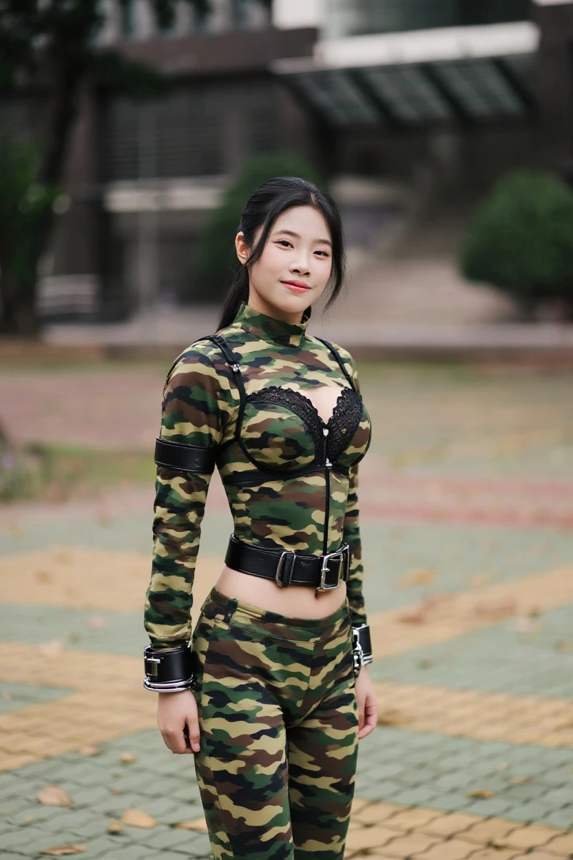 Indonesian woman, very long hair, black hair, straight hair, sexy woman, military, smiling, single woman, large breasts, tight camouflage short-sleeved t-shirt, tight camouflage legging pants, black knee high boots, sexy pose hot, military camp scene